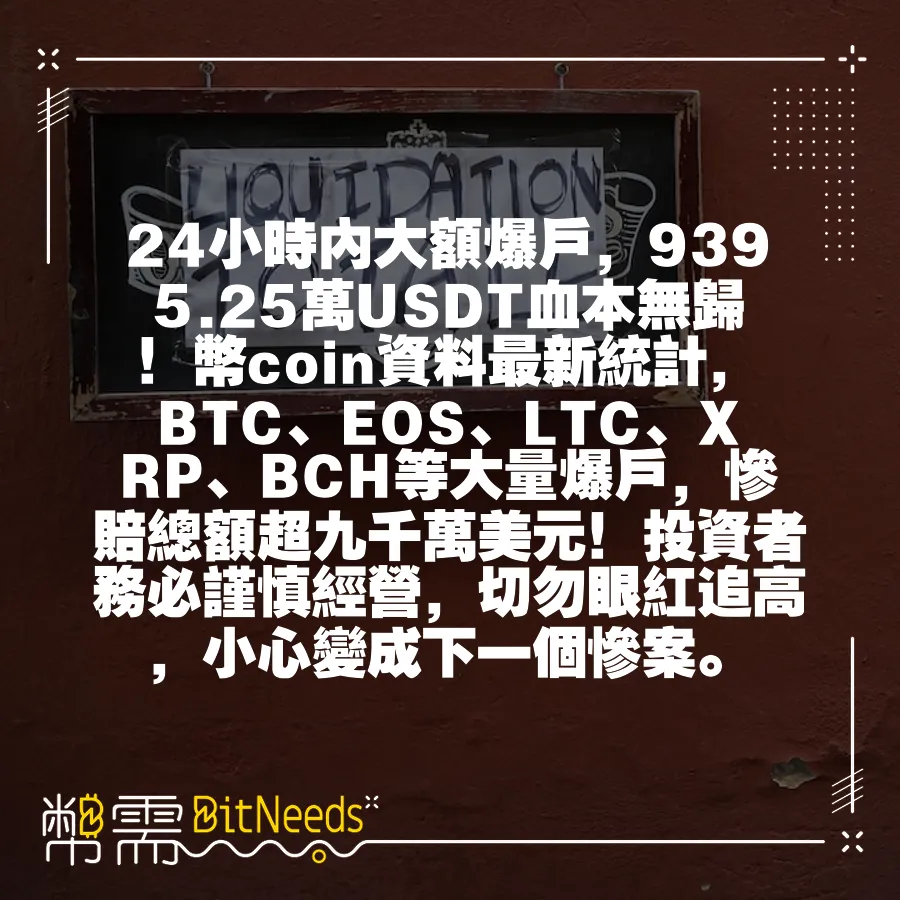 24小時內大額爆戶，9395.25萬USDT血本無歸！幣coin資料最新統計，BTC、EOS、LTC、XRP、BCH等