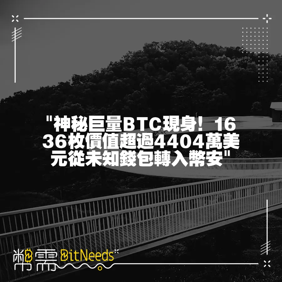  神祕巨量BTC現身！1636枚價值超過4404萬美元從未知錢包轉入幣安 