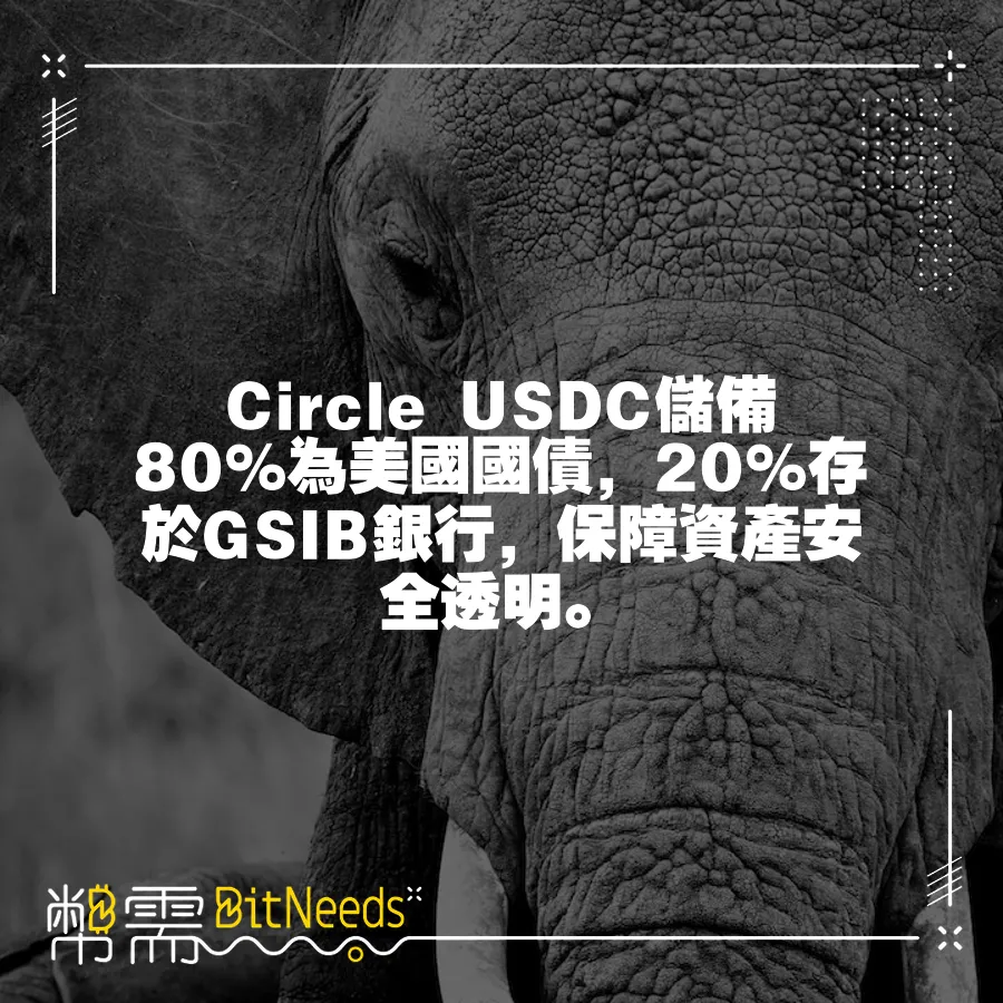 Circle USDC儲備80%為美國國債，20%存於GSIB銀行，保障資產安全透明。