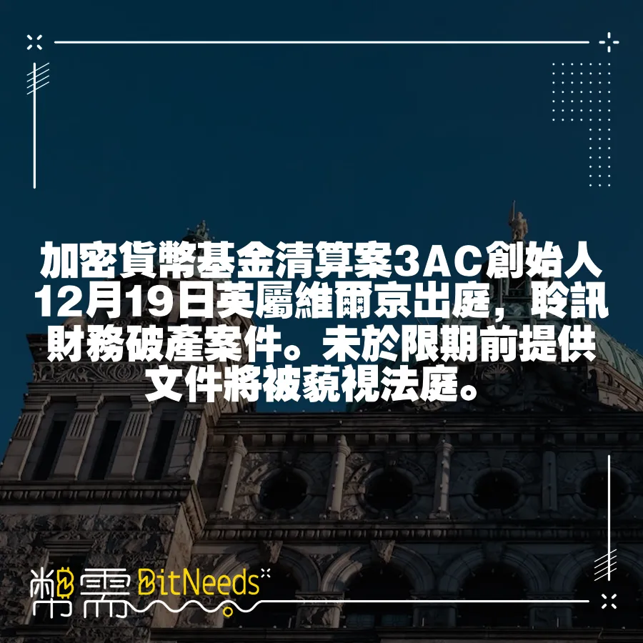 加密貨幣基金清算案3AC創始人12月19日英屬維爾京出庭，聆訊財務破產案件。未於限期前提供檔案將被藐視法庭。