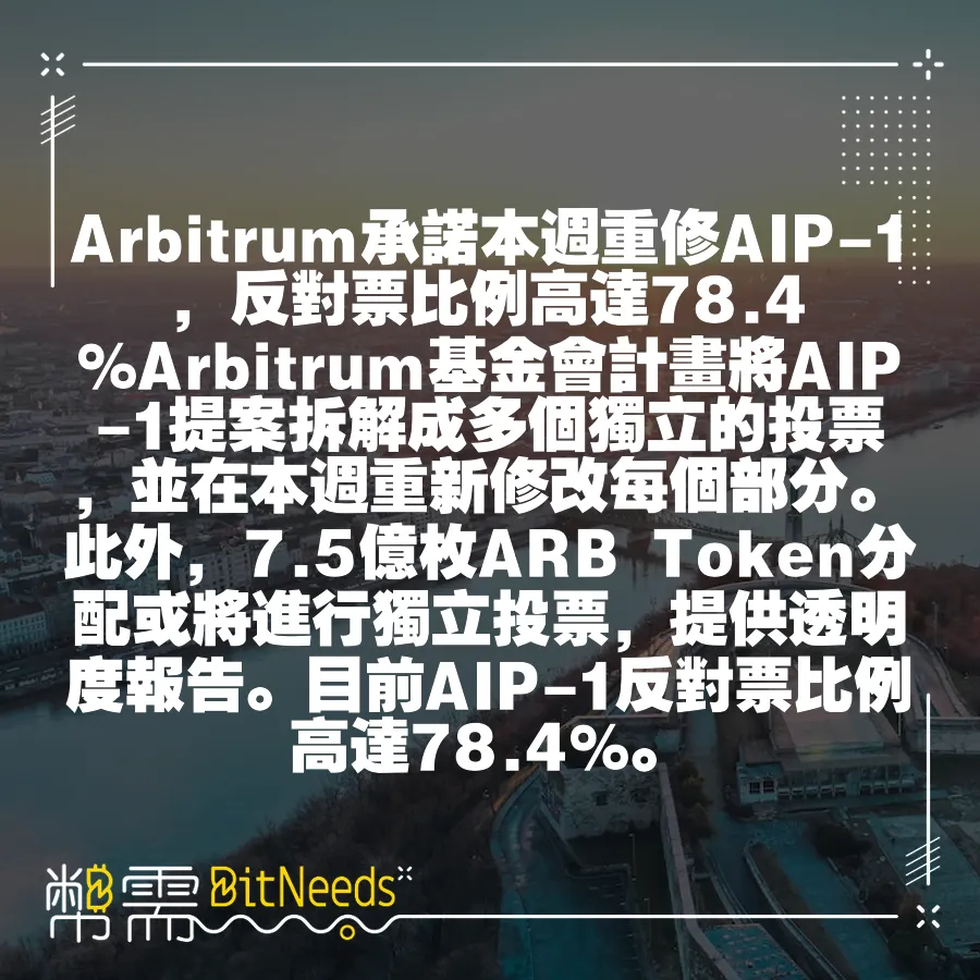 Arbitrum承諾本週重修AIP-1，反對票比例高達78.4%Arbitrum基金會計畫將AIP-1提案拆解成多個獨