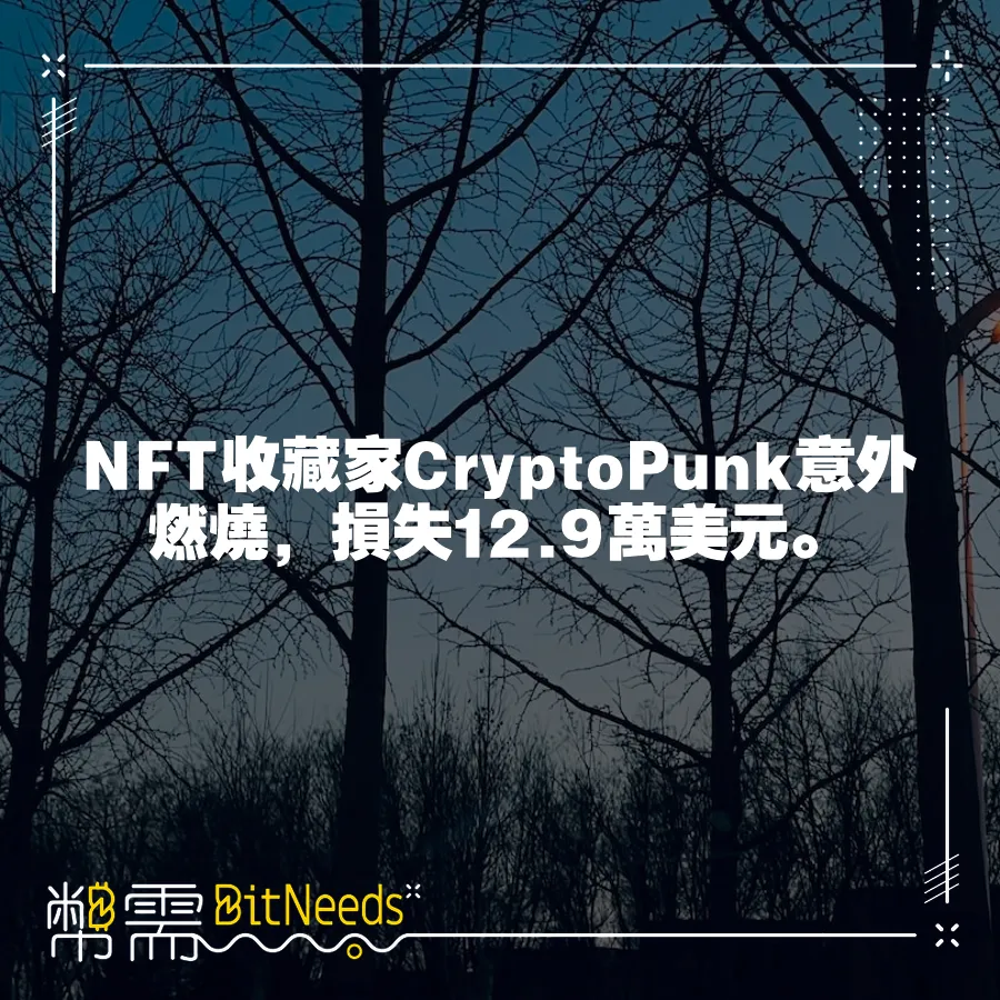 NFT收藏家CryptoPunk意外燃燒，損失12.9萬美元。